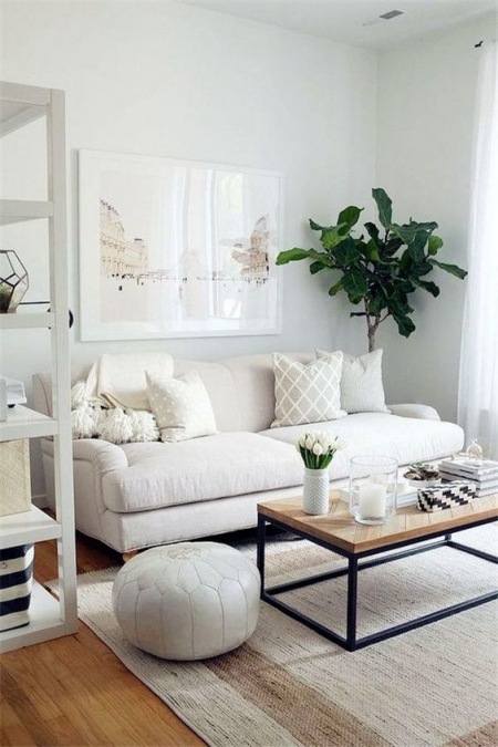 Biały salon z dekoracyjnymi poduszkami na sofie