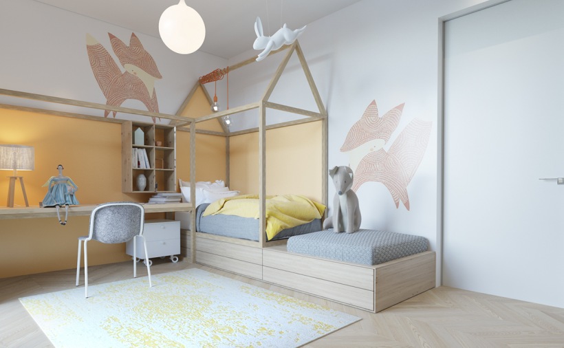 Drewniany domek nad łóżkiem w pokoju dziecięcym