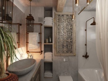 Ciepłe drewno i chłodny kamień stanowią bazę dla dość bogatego wystroju łazienki. Zamiast kabiny prysznicowej postawiono na prostą wannę z tradycyjną...