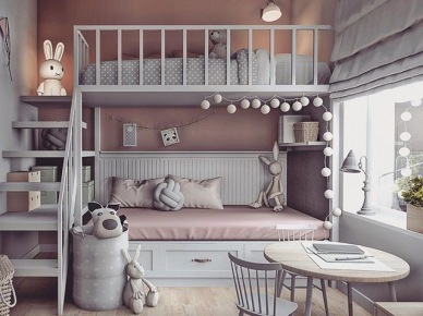 Pastelowy pokoik dziecięcy z piętrowym łóżkiem i dekoracją z cotton balls (55511)