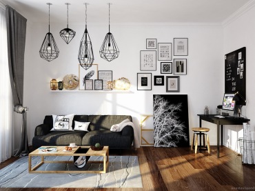 Monochromatyczny salon z domowym gabinetem w stylu skandynawskim (47834)