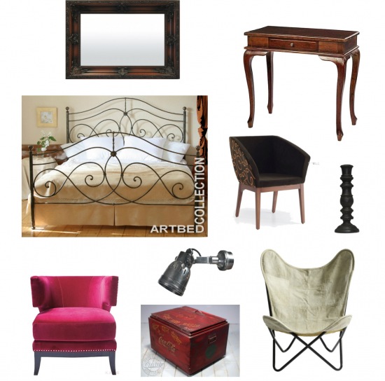 Aranżacja sypialni,eklektyczna sypialnia,produkty do sypialni w lofcie,styowe lustro,stylowa konsolka,kute łóżko,brązowo-czarny fotelik,czarny świecznik,różowy fotel,industrialny kinkiet,czerwony kufer,czerwona skrzynia,nowoczesny fotel,fotel