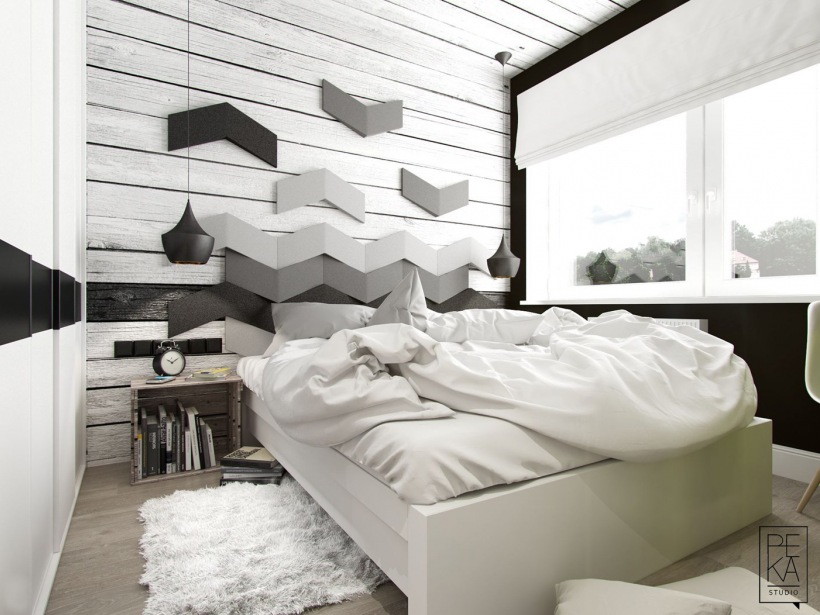 Drewno i oryginalna dekoracja ścienna w sypialni