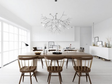 Skandynawskie drewniane krzesła ze stołem w otwatej przestrzeni  białego salonu (26667)