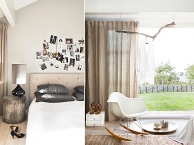 Pikowane beżowe łóżko,lniane zasłony,krzesło nowoczesne Vitra na płozach i szare poduszki w sypialni (24981)
