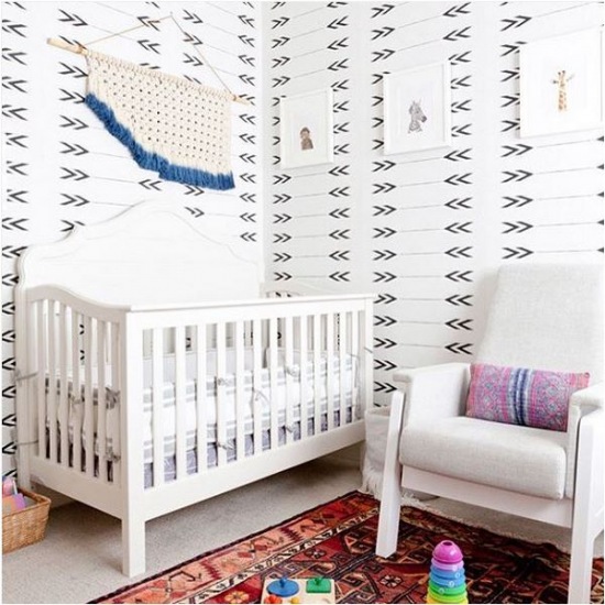 Wzorzysta ściana i białe meble w pokoju dziecięcym