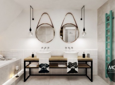 Dwie umywalki i dwa lustra w aranżacji łazienki (49294)