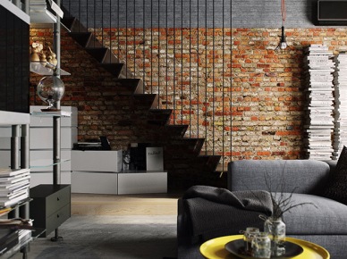 Metalowe schody z ażurową ścianką,czerwona cegła na ścianie i podłoga z sufitem z betonu w salonie (25126)