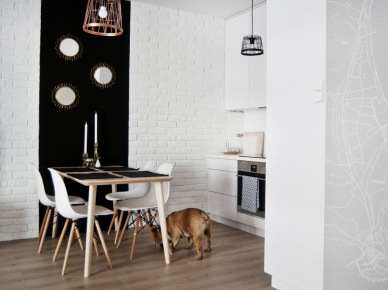 Totalnie inspirująca aranżacja mieszkania w Gdańsku, utrzymanego w loftowym stylu, z białymi cegłami i oryginalną fototapetą... na wynajem! :)