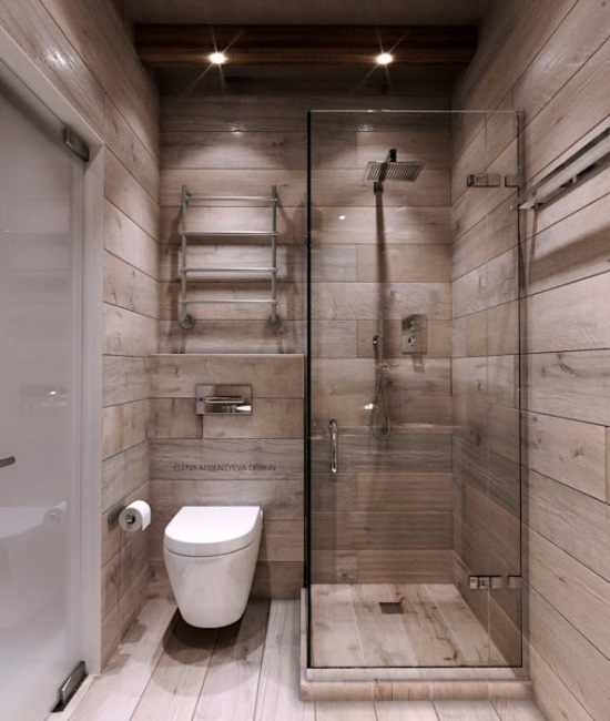 Aranżacja wąskiej drewnianej łazienki