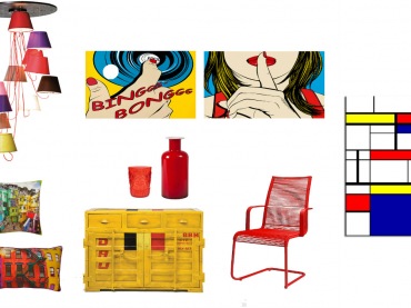 Op-art we wnętrzach,op art deoracje,czerwone deoracje,kolorowe dodatki do wnętrz, plakaty lata 60-te,żółta komoda,kolorowe abażury,kolorowa lampa, (32918)