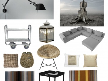 Czarny kinkiet z wysięgiem,fotomontaż,regalik metalowy na kółkach,industrialny stolik na kólkach,wiszący,elektryczny lampion,nowoczesna szara sofa,plecione krzesło,pleciony wazon,plecione poduszki,poszewki z rafii,dywany w paski,szaro-czarne p (34188)