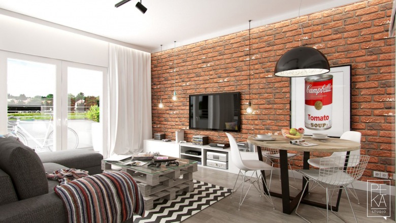 Polska aranżacja mieszkania w stylu industrialnym z czerwoną cegłą i czarnymi dodatkami (50600)