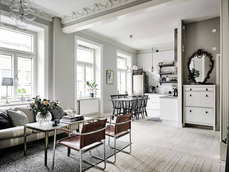 Ciekawa inspiracja skandynawskim stylem, czyli niezwykle elegancka aranżacja mieszkania w całości w bieli (50570)