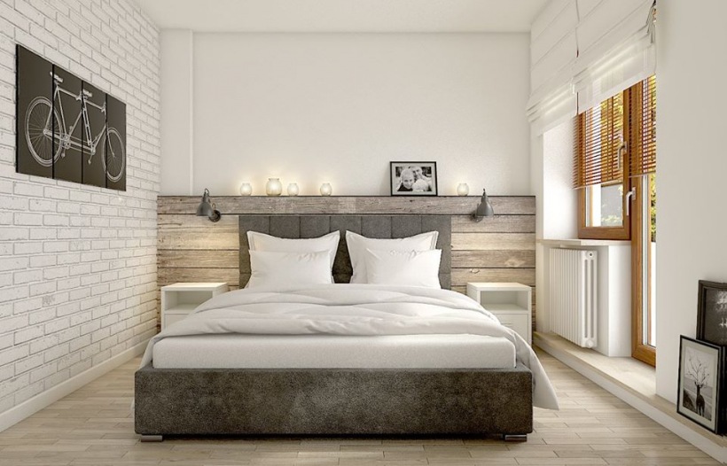 Aranżacja eklektycznej sypialni z drewnem i białymi cegłami