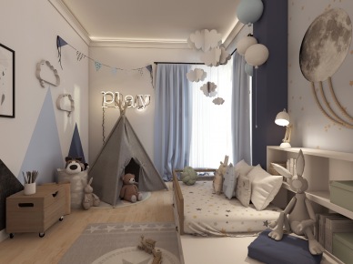 Pokój dziecięcy w biało-błękitnej palecie barw z wiszącymi dekoracjami (55174)