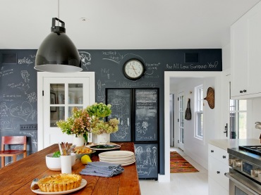 Czarna ściana w kuchni pomalowana farbą tablicową,czarna lampa industrialna,biała kuchnia i drewniany blat stołu (27009)