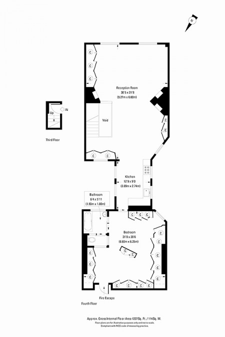 Plan mieszkania - loftu ze ścianami z czerwonej cegły