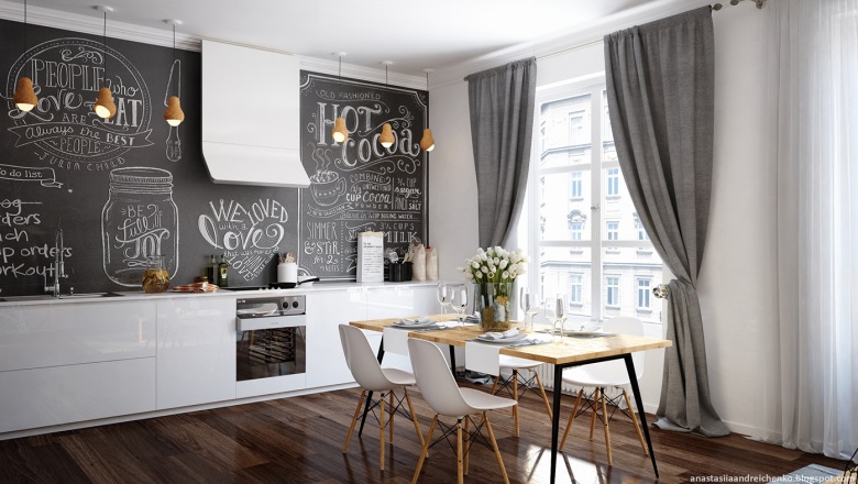 Aranżacja otwartej przestrzeni w skandynawskim stylu w czarno-białej kolorystyce z farbą tablicową na kuchennej ścianie! (47824)