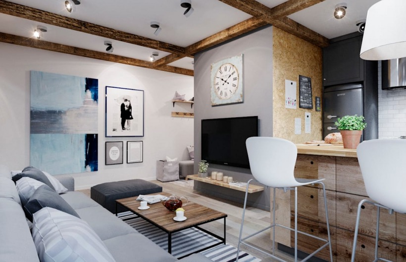 Mały salon w stylu eklektycznym z drewnianymi belkami przy suficie
