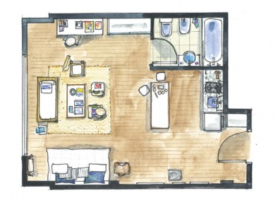 Plan małego mieszkania w otwartej zabudowie salonu, kuchni i sypialni (23654)