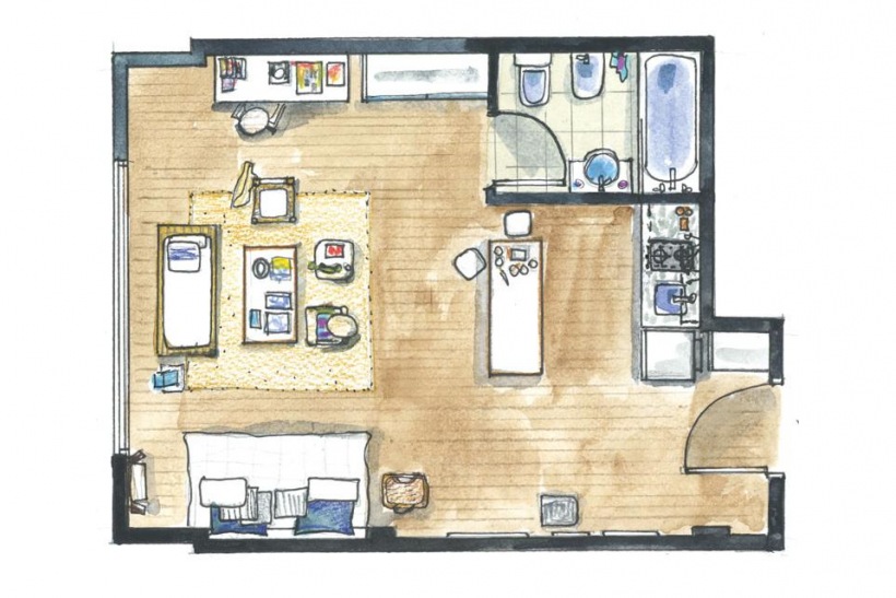 Plan małego mieszkania w otwartej zabudowie salonu, kuchni i sypialni
