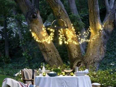 Żyrandol z żarówkowych girland w leśnej aranżacji ogrodu ze stołem (23846)