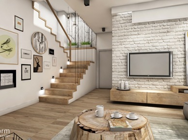 Białe cegły na ścianie telewizyjnej i drewniane schody w salonie (52396)