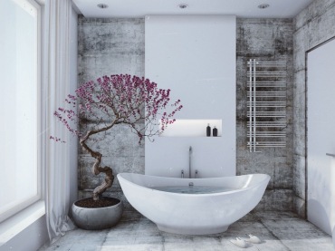 piękna i oryginalna łazienka z drzewkiem bonsai. Różowe drzewko pięknie dekoruje ciekawa łazienkę  - stanowi jej główny...