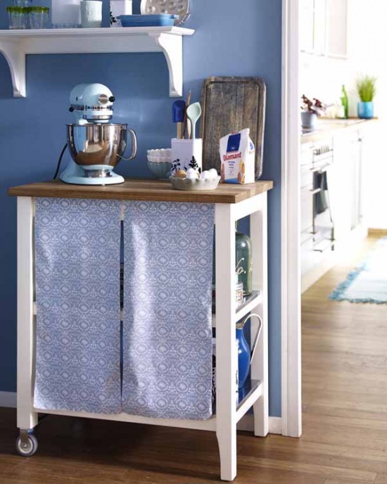 Niebieska ściana w kuchni z bialymi meblami z drewnianymi blatami