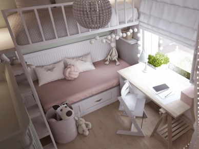 Białe meble z łóżkiem piętrowym w aranżacji pokoiku dla dzieci (55092)