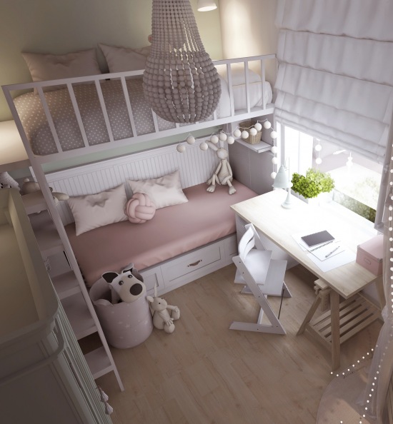 Białe meble z łóżkiem piętrowym w aranżacji pokoiku dla dzieci