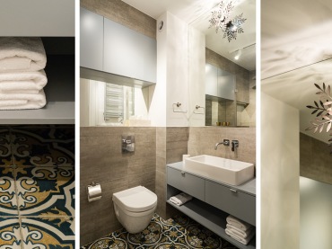 Elegancja tej łazienki polega na połączeniu prostych mebli i płytek azulejos. Prócz nich, jedyną ozdobę stanowi tu...