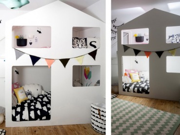 Oryginalna konstrukcja na kształt domku pełni funkcję dwupiętrowego łóżka w pokoju dziecięcym. Przewagę białego koloru równoważą wyraźne dodatki w intensywnych kolorach. Wzorzysty dywan podkreśla dekoracyjną stronę...