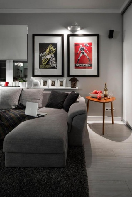 Wąska półka za sofą i nowoczesne plakaty na ścianie w salonie