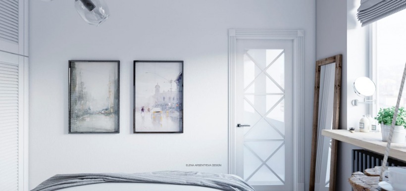 Dekoracja obrazami w aranżacji białej sypialni