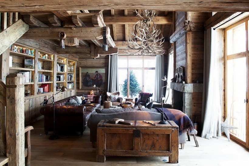 Aranżacja salonu  w alpejskiej  zimowej rezydencji