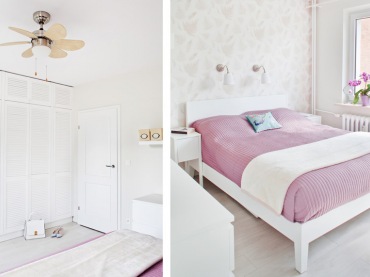 Romantyczna aranżacja sypialni, która bazuje na śnieżnej bieli urozmaiconej różową narzutą na łóżko. Pozostałe elementy...