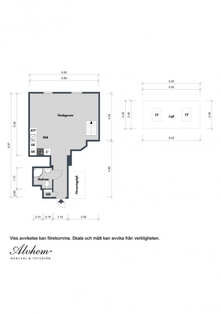 Plan otwartej zabudowy mieszkania z antresolą o powierzchni 36 m2