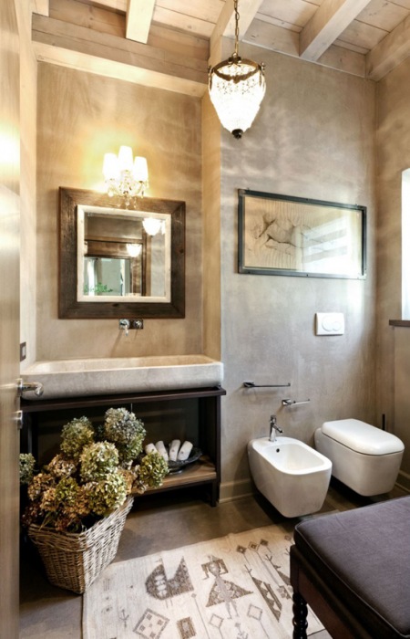 Elegancka łazienka w mieszance stylowej betonowych i kamiennych materiałów
