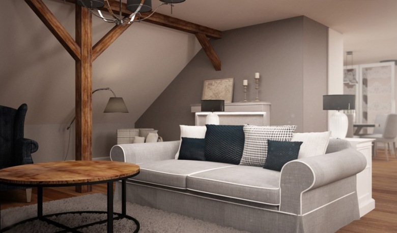 Polski projekt przestronnego mieszkania na poddaszu w klasycznym eleganckim stylu (49928)
