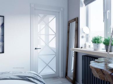 Oryginalne białe drzwi ze zdobieniem w aranżacji sypialni (54791)