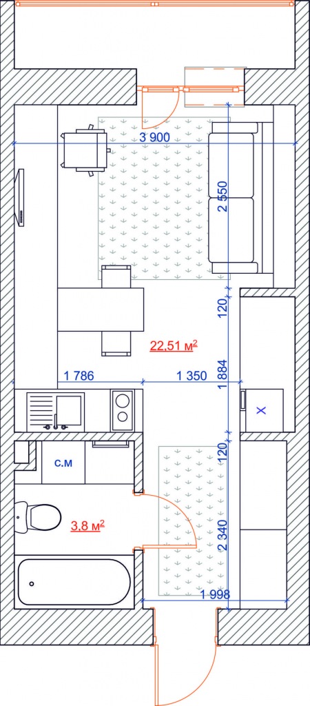Plan urządzenia małej kawalerki 26,3 m2