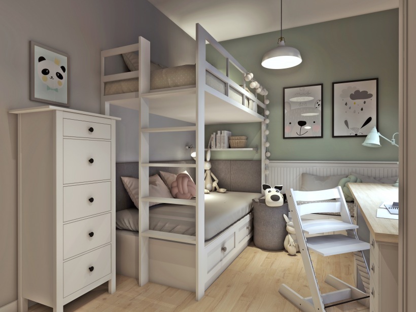 Dwupiętrowe łóżko w pastelowym pokoju dla dzieci