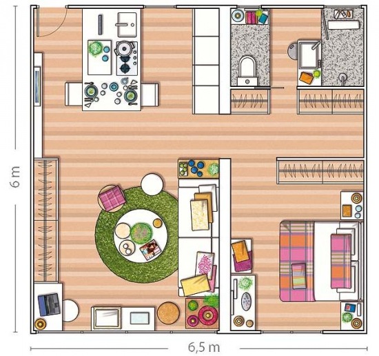 Plan mieszkania 40 m2 w otwartym kwadracie