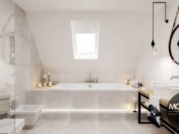 Łazienka na poddaszu przemienia się w relaksujący pokój kąpielowy, głównie za sprawą eleganckich dodatków. Romantyczne...