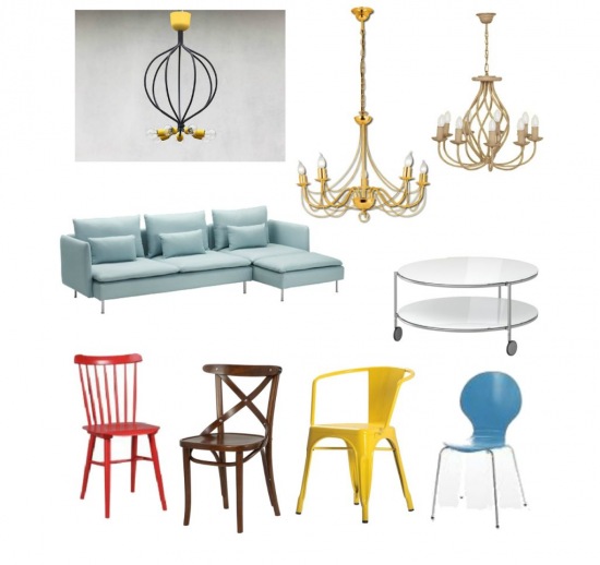 Kute żyrandole,żółty metalowy żyrandol,modne żyrandole z metalu,dizajnerskie żółto-czarne żyrandole,niebieska sofa modułowa,czerwone krzesło z drewna,brązowe krzesło z gietego dreena,żółte metalowe krzesło,niebieskie krzesło nowocz