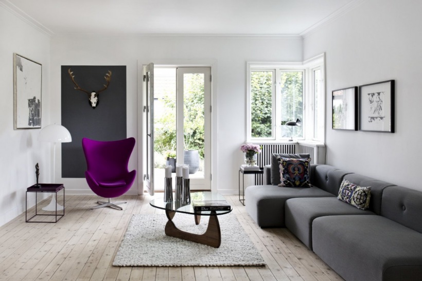 Szary narożnik, fioletowy fotel i czarna pojedyncza ściana w białym salonie