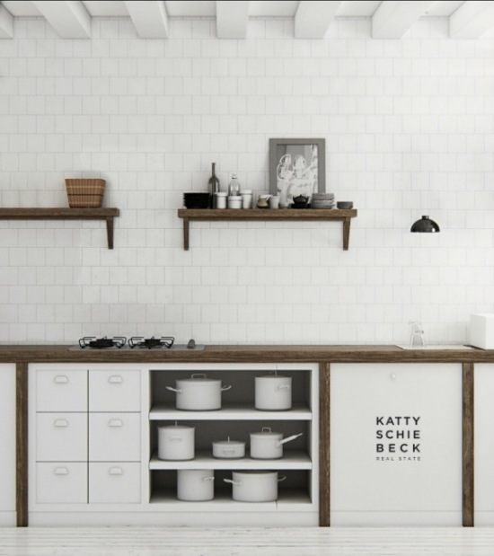 Białe szafki i płytki w kuchni z drewnianymi półkami i blatem