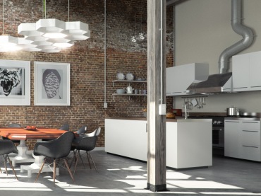 wizualizacja 3D wnętrza typu loft - desingerska, nowoczesna i ze smakiem. Wysokie pomieszczenie W BETONIE, CZERWONEJ...